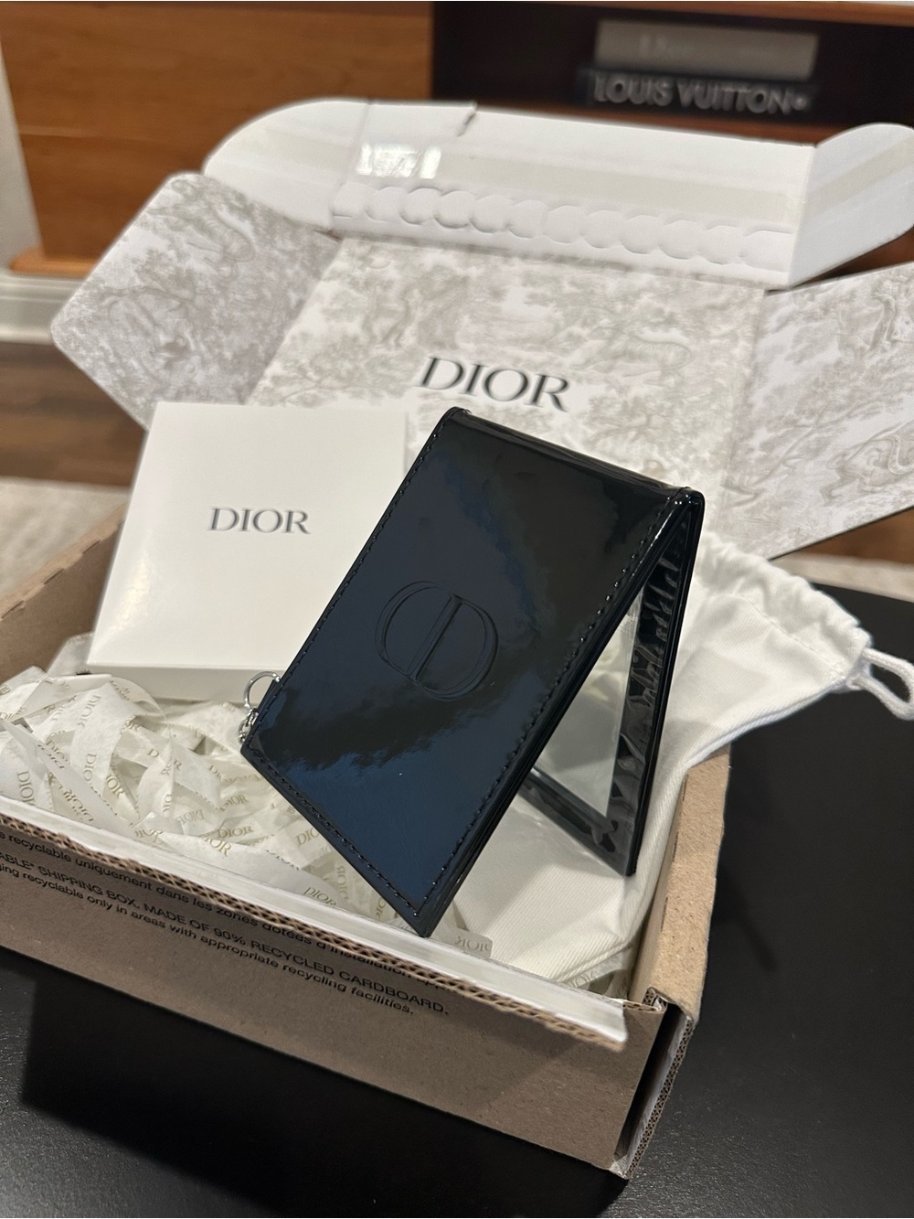 Dior Black Patent Foldout Mirror Silver Charm Dior Gift Bag GWP
